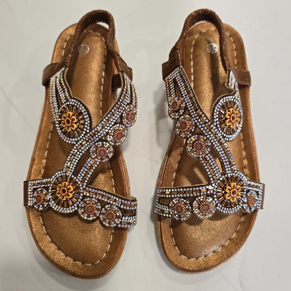 Women's Rhinestone Beaded Bohemian T-Strap Flat Sandals, Size 37